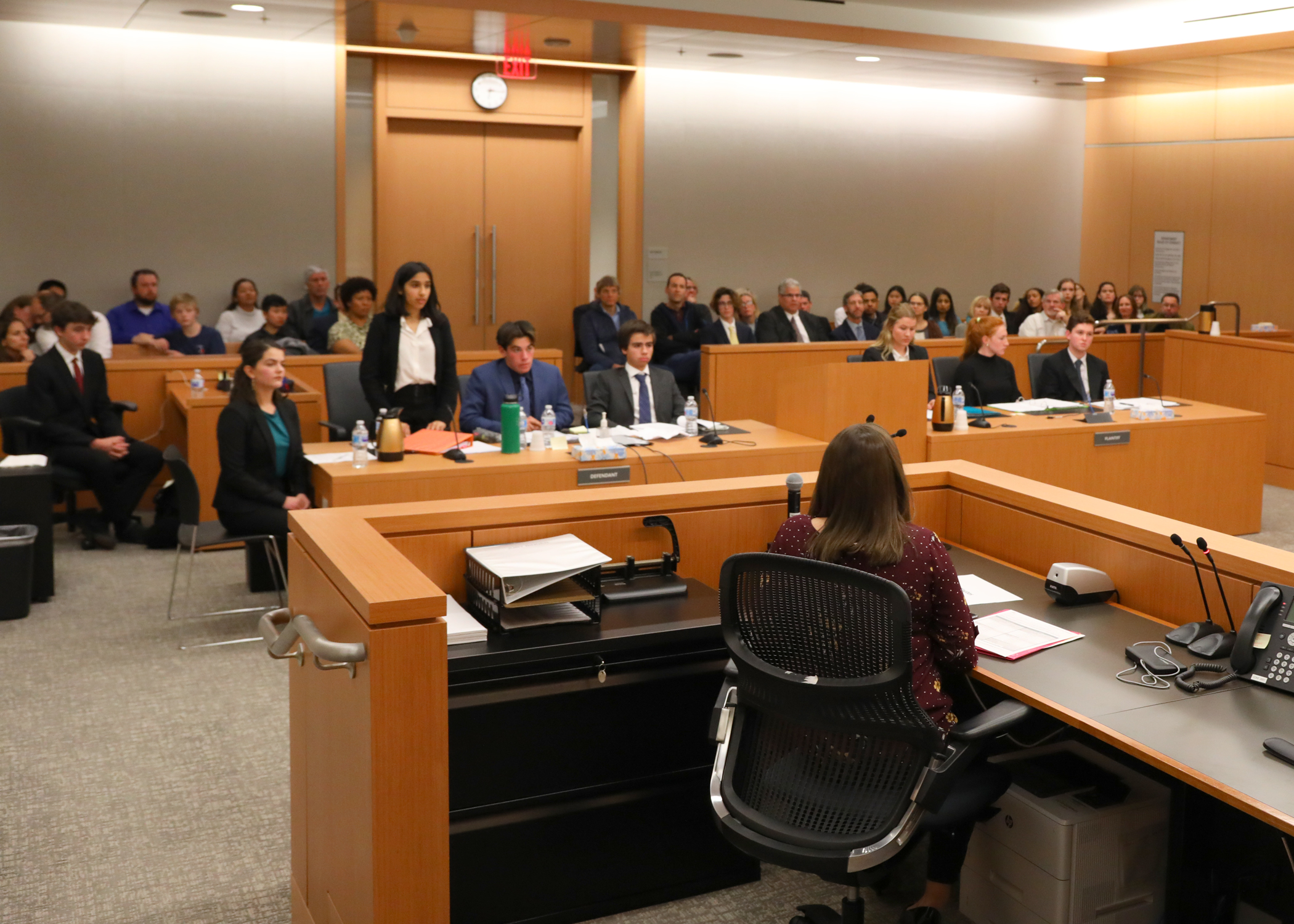 Mock trial competition view from behind witness stand